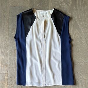 Sandro White and Blue Sleeveless Mandarin Collar Blouse